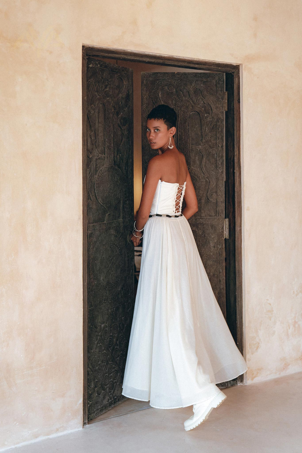 Off-White Boho Top Corset and Skirt, Summer Crop Top Corset and Skirt -AYA Sacred Wear