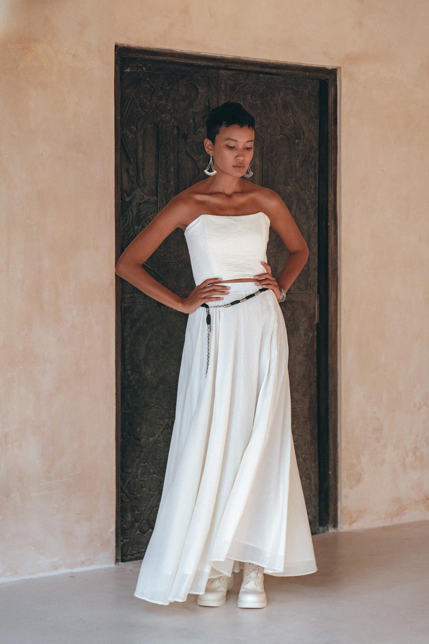 Off-White Boho Top Corset and Skirt, Summer Crop Top Corset and Skirt -AYA Sacred Wear