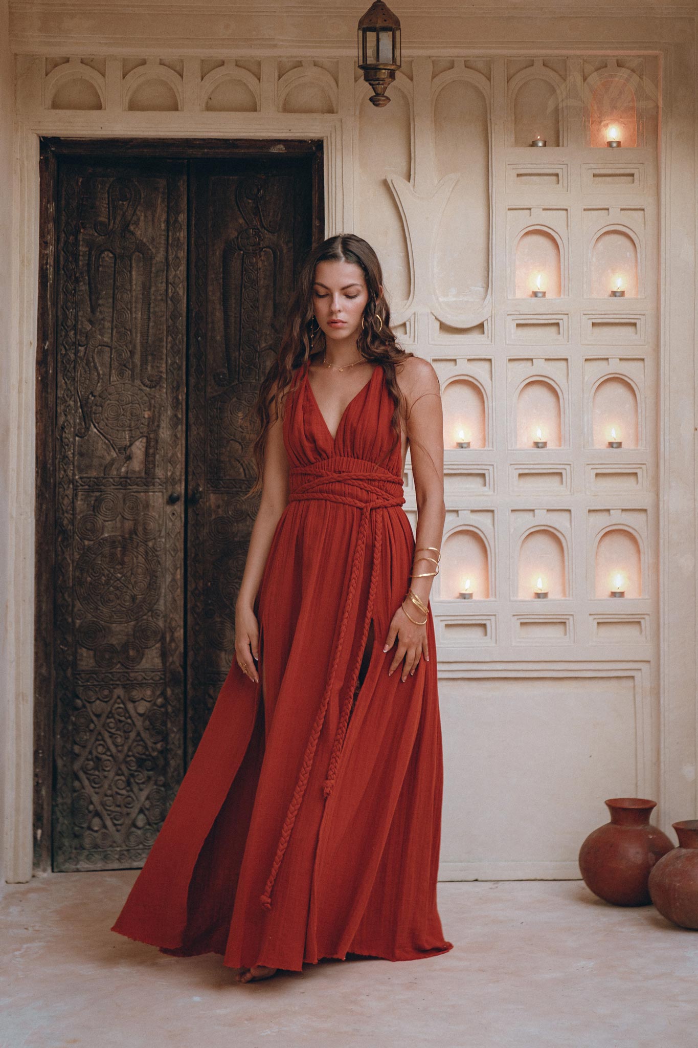 Greek Goddess Dress, Boho Braided Belted Dress, Wine Red Grecian Dress - AYA Sacred Wear