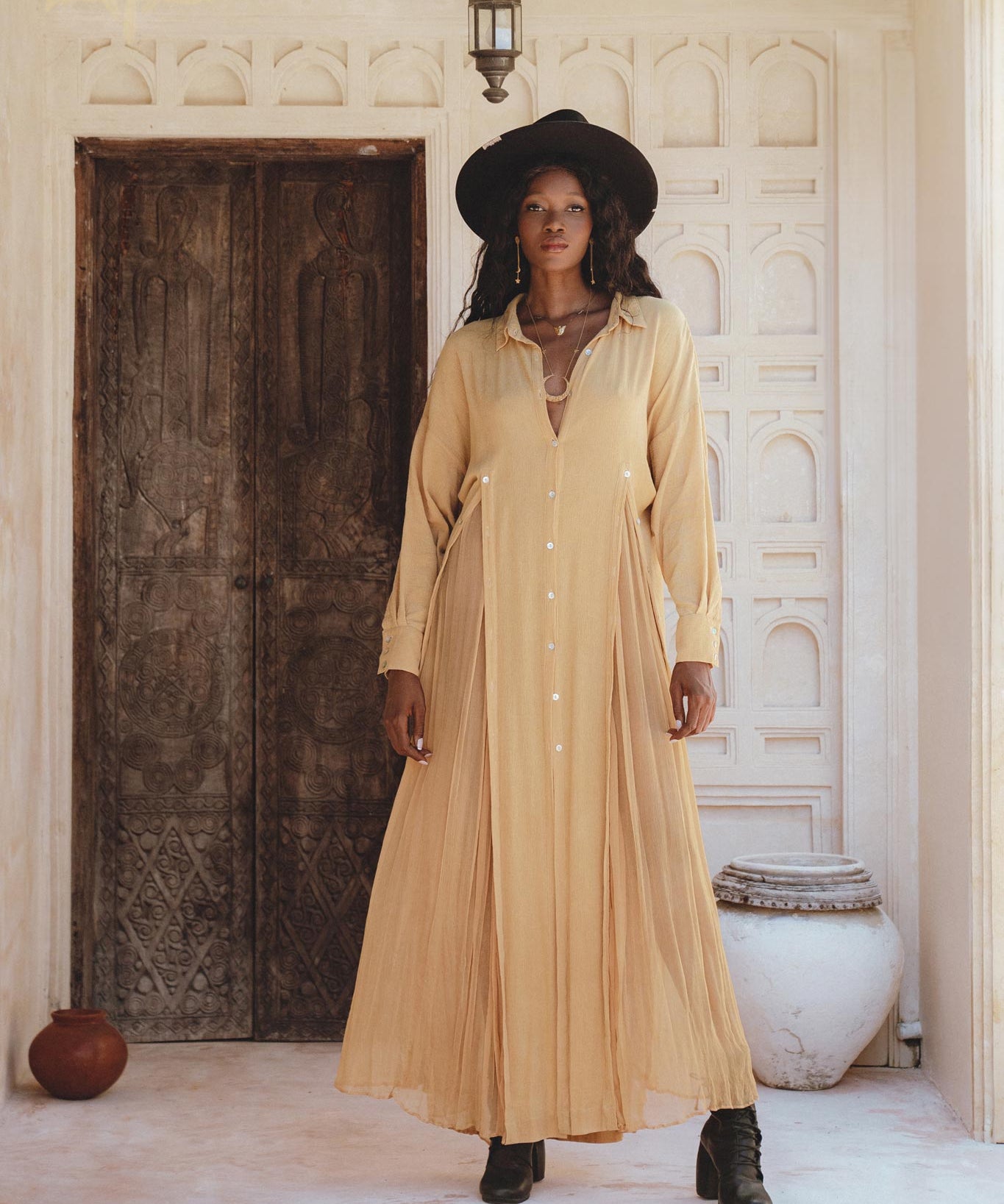 Be bold in this Ochre Boho Shirt Dress by Aya Sacred Wear