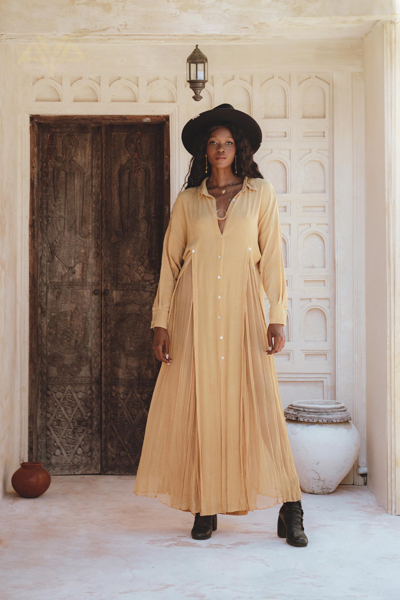Be bold in this Ochre Boho Shirt Dress by Aya Sacred Wear