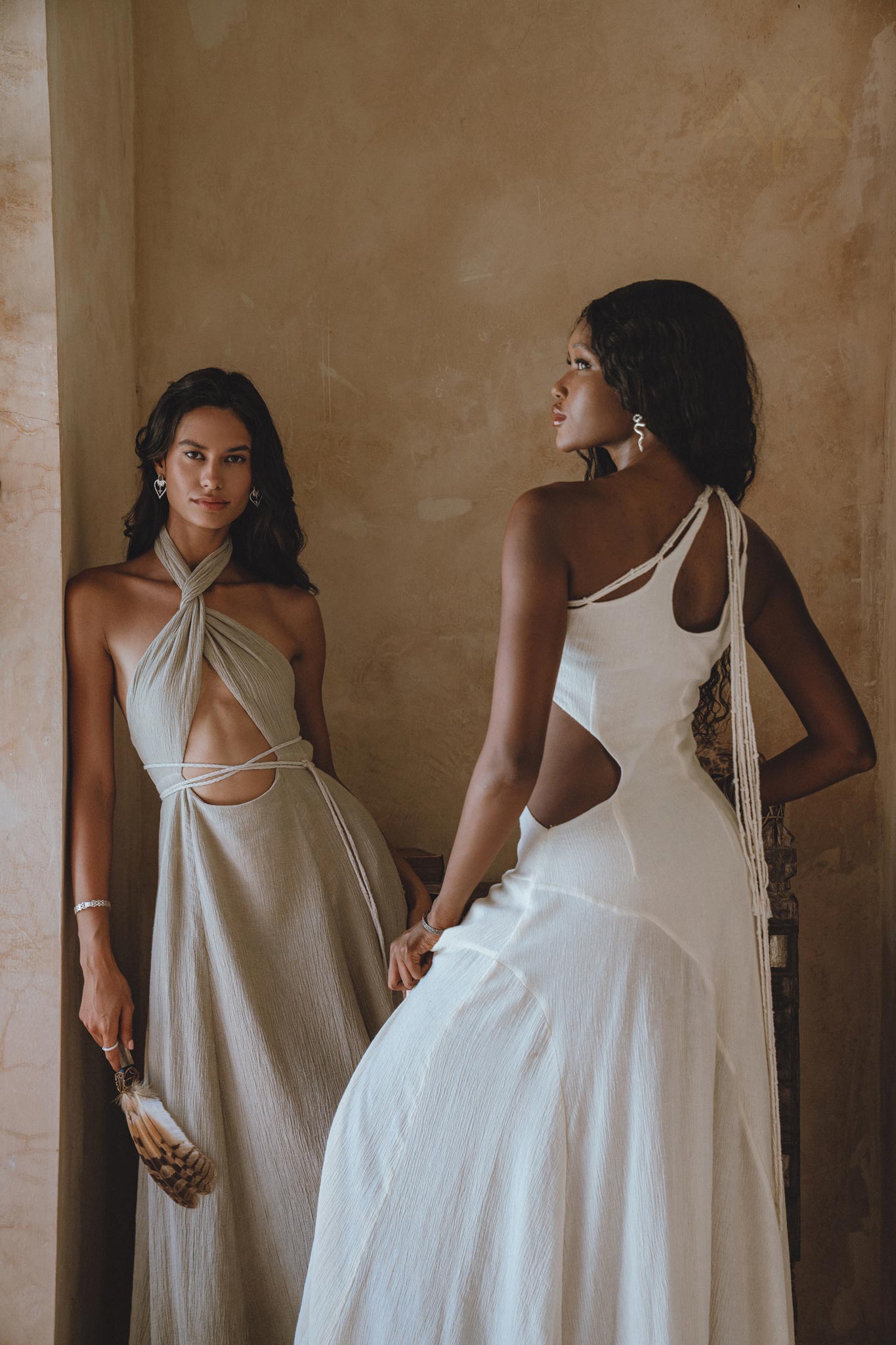 Off White Aisha Dress • Open Side Dress • Macrame Toga Dress • One Shoulder Maxi Dress - AYA Sacred Wear