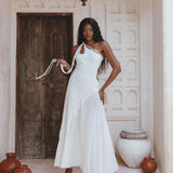 Off White Aisha Dress • Open Side Dress • Macrame Toga Dress • One Shoulder Maxi Dress - AYA Sacred Wear