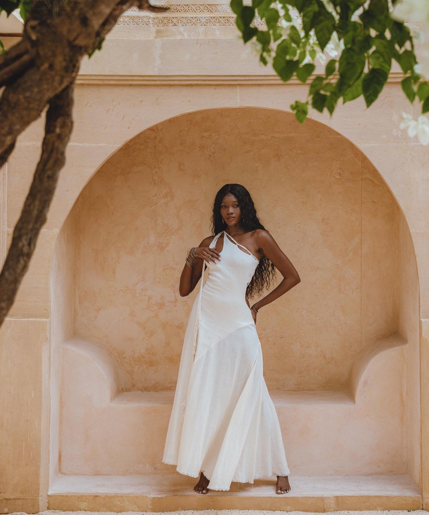 Off White Aisha Dress • Open Side Dress • Macrame Toga Dress • One Shoulder Maxi Dress - AYA Sacred Wear