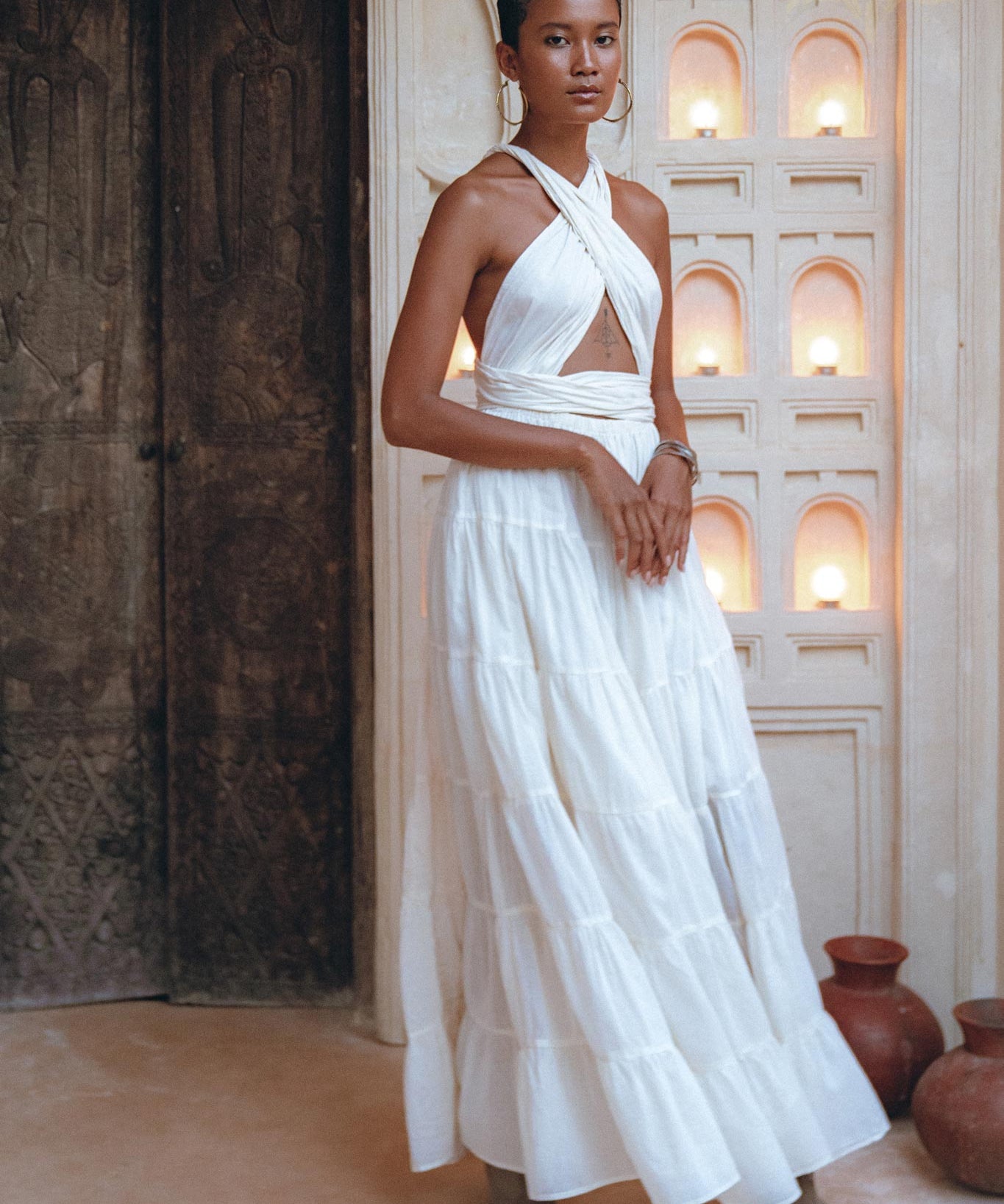 Off - White Bohemian Adjustable Dress • Evening Open Back Belly Dress - AYA Sacred Wear