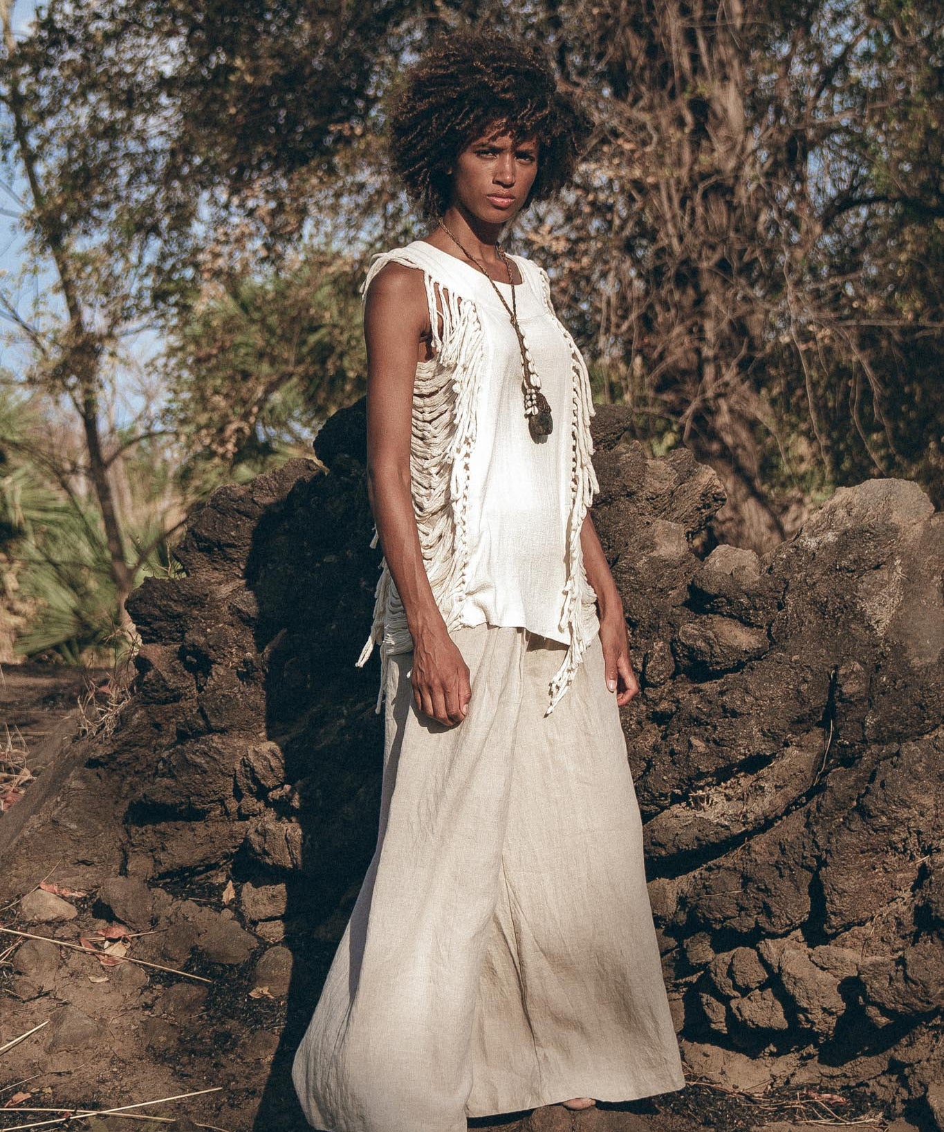 Off - White Bohemian Top with Tassels Sides - AYA Sacred Wear