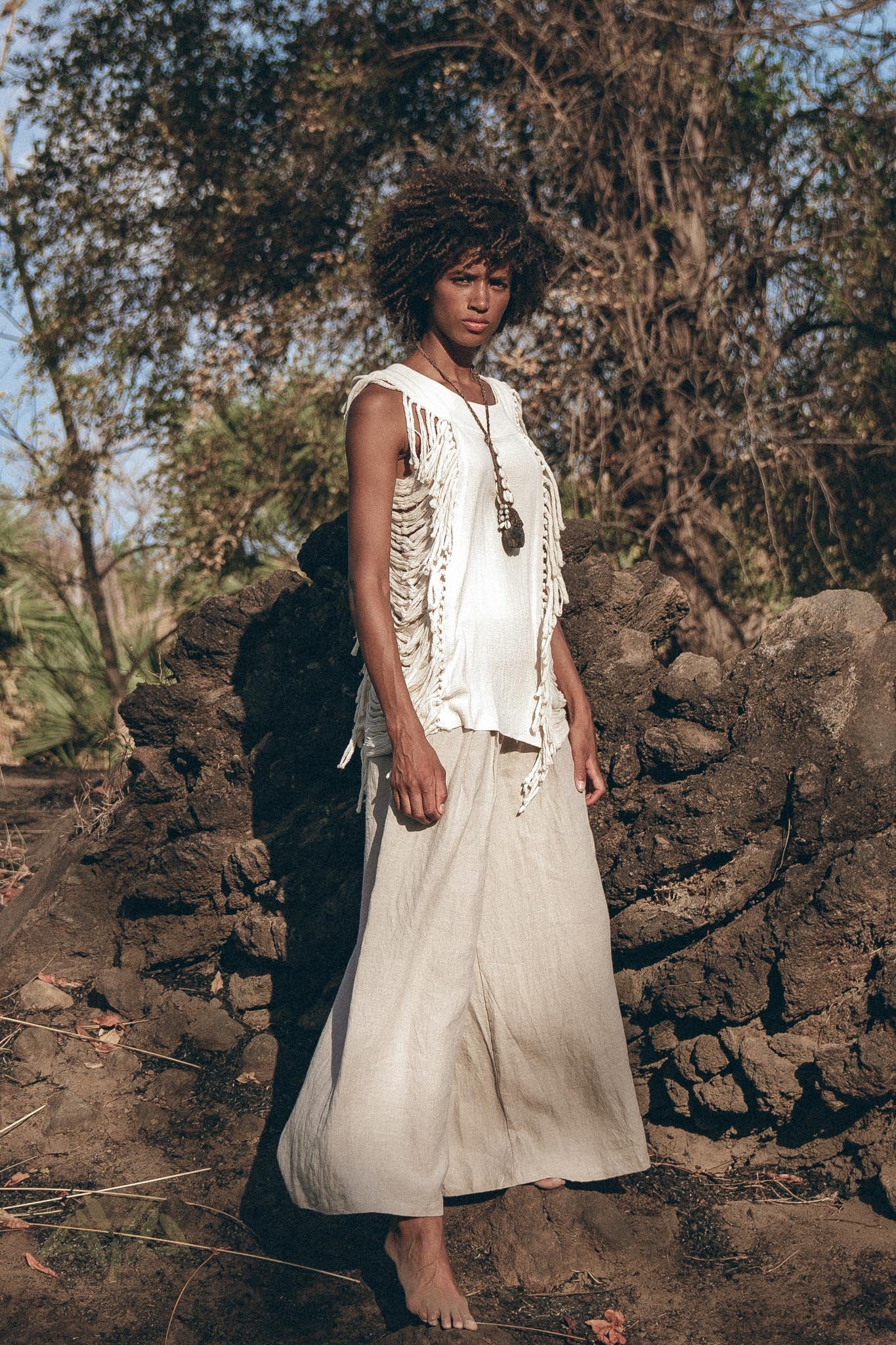 Off - White Bohemian Top with Tassels Sides - AYA Sacred Wear