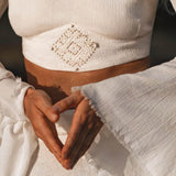Off White Boho Linen Set, Embroidered Indian Top, Maxi Skirt, Handmade Summer Festival Outfit - AYA Sacred Wear