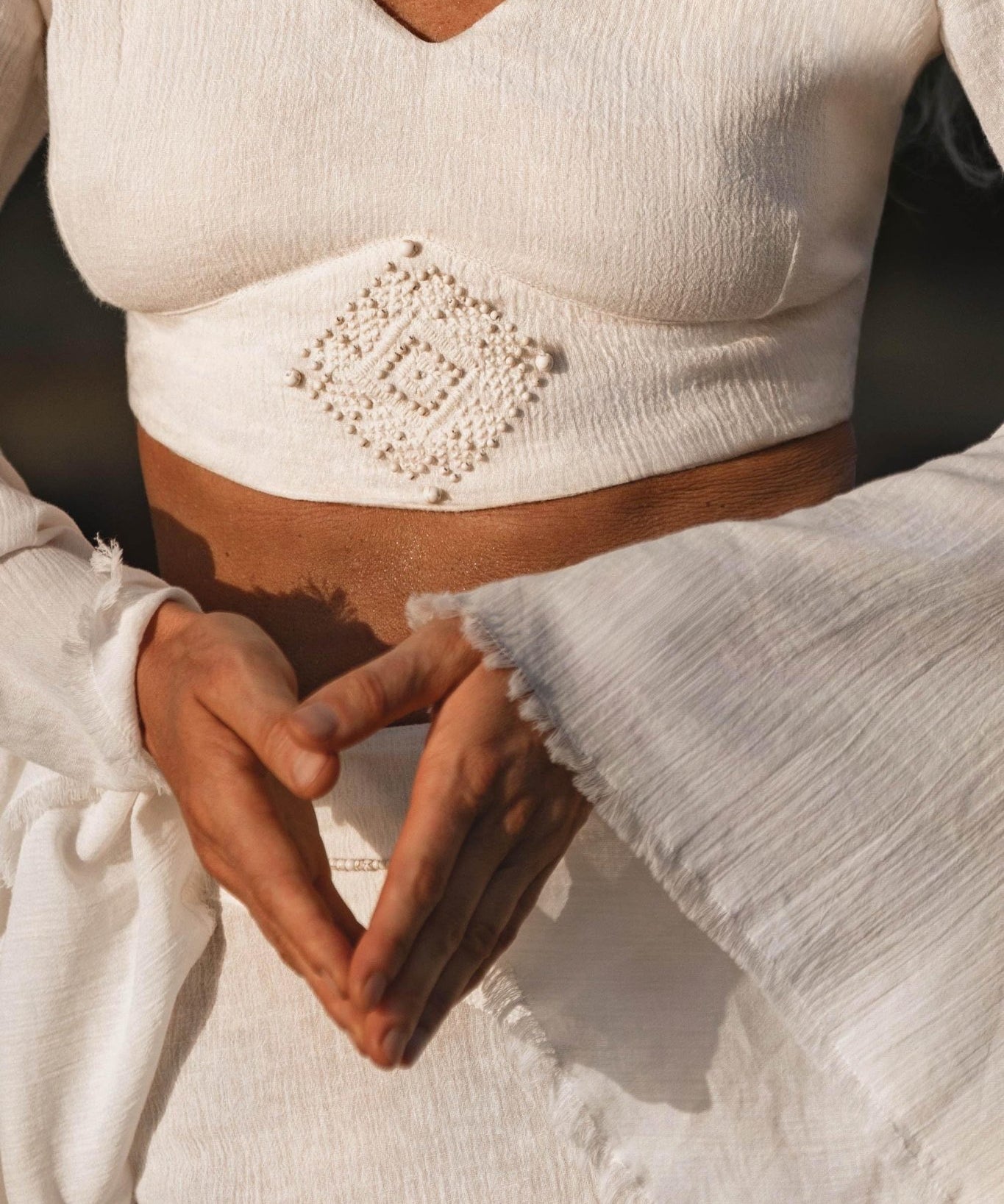 Off White Boho Linen Set, Embroidered Indian Top, Maxi Skirt, Handmade Summer Festival Outfit - AYA Sacred Wear