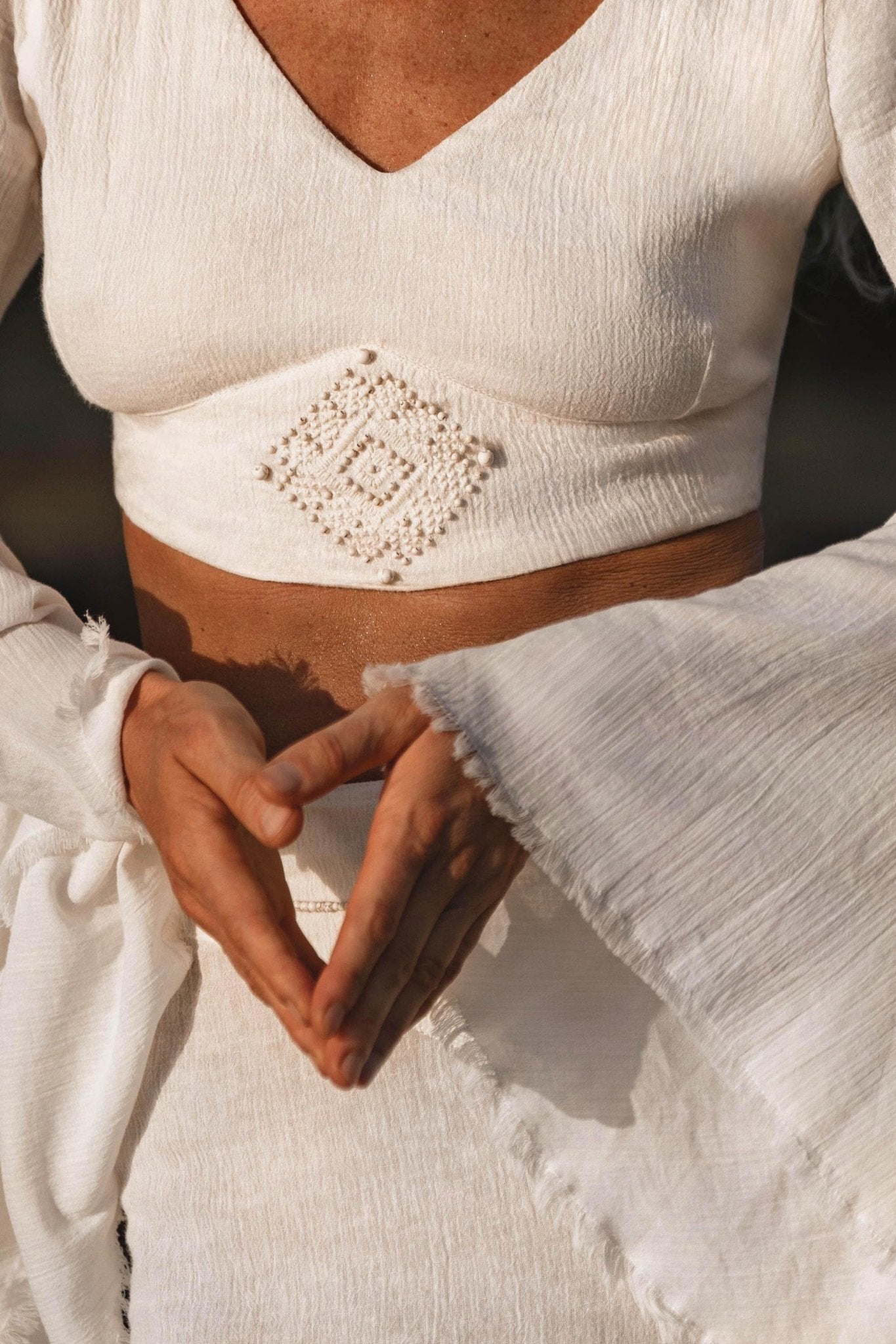 Off White Boho Linen Set, Embroidered Indian Top, Maxi Skirt, Handmade Summer Festival Outfit - AYA Sacred Wear