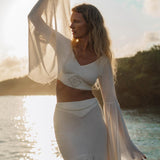 Off White Boho Linen Set, Embroidered Indian Top, Maxi Skirt, Handmade Summer Festival Outfit - AYA Sacred Wear