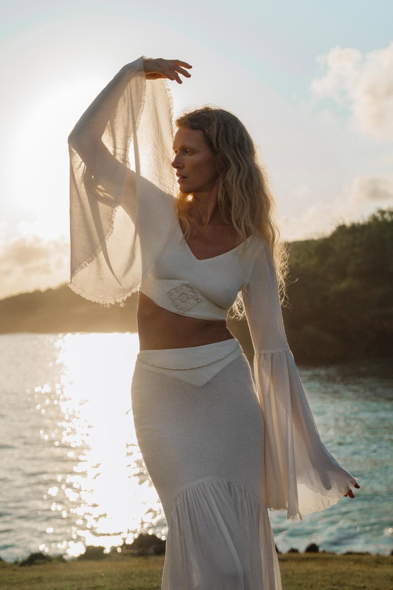 Off White Boho Linen Set, Embroidered Indian Top, Maxi Skirt, Handmade Summer Festival Outfit - AYA Sacred Wear