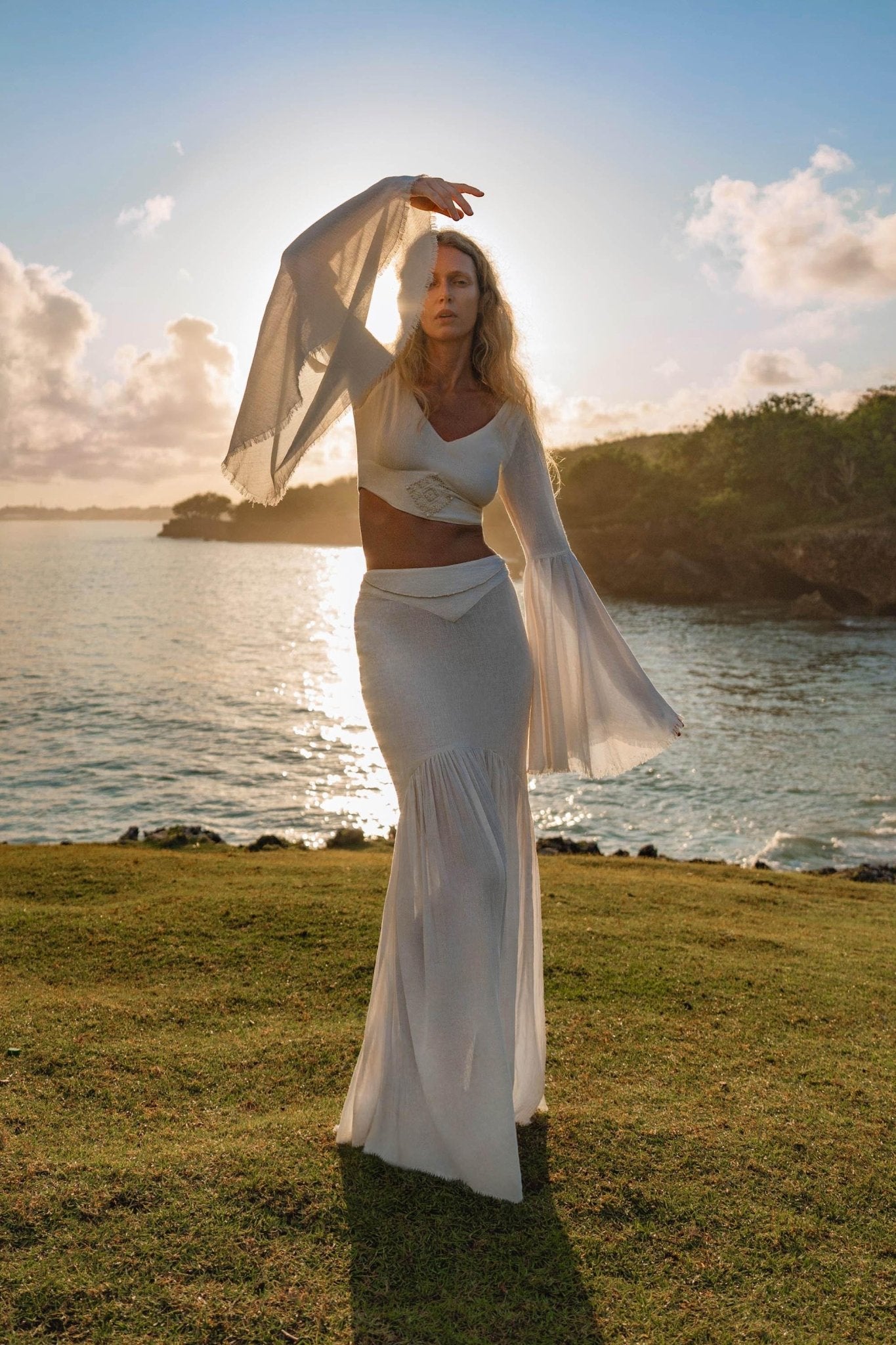 Off White Boho Linen Set, Embroidered Indian Top, Maxi Skirt, Handmade Summer Festival Outfit - AYA Sacred Wear