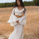 Off White Boho Linen Set, Embroidered Indian Top, Maxi Skirt, Handmade Summer Festival Outfit - AYA Sacred Wear