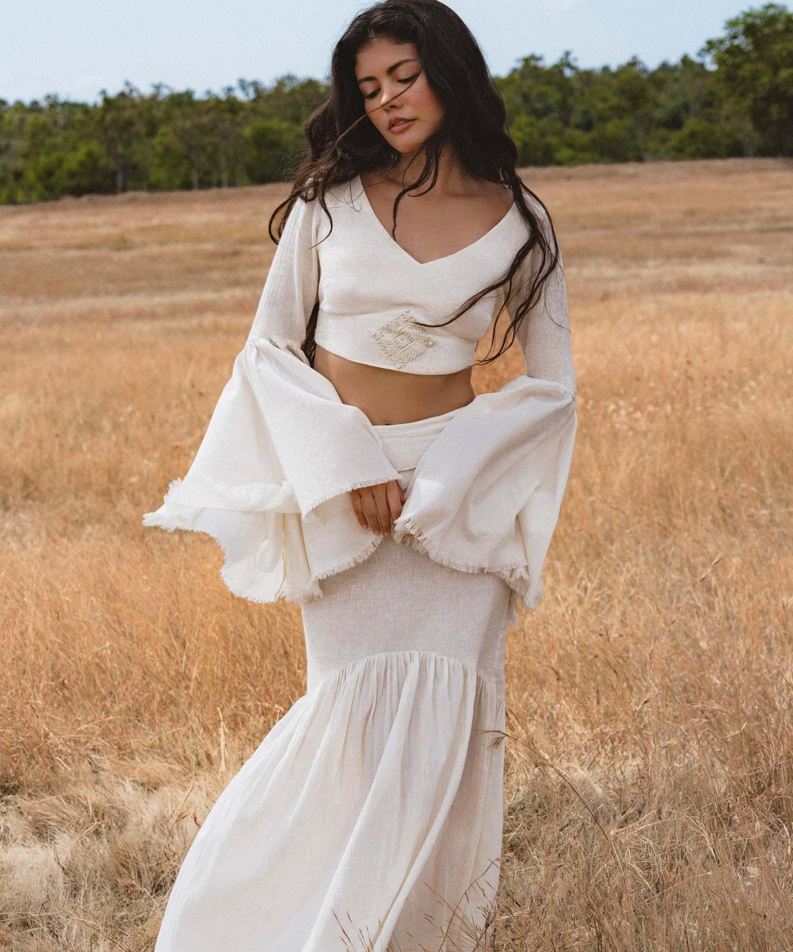 Off White Boho Linen Set, Embroidered Indian Top, Maxi Skirt, Handmade Summer Festival Outfit - AYA Sacred Wear