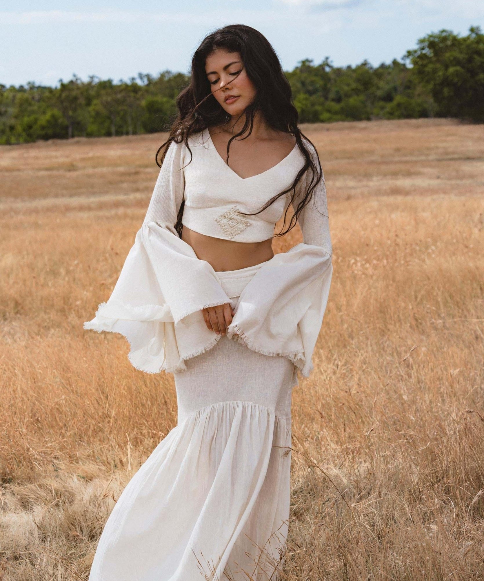 Off White Boho Linen Set, Embroidered Indian Top, Maxi Skirt, Handmade Summer Festival Outfit - AYA Sacred Wear