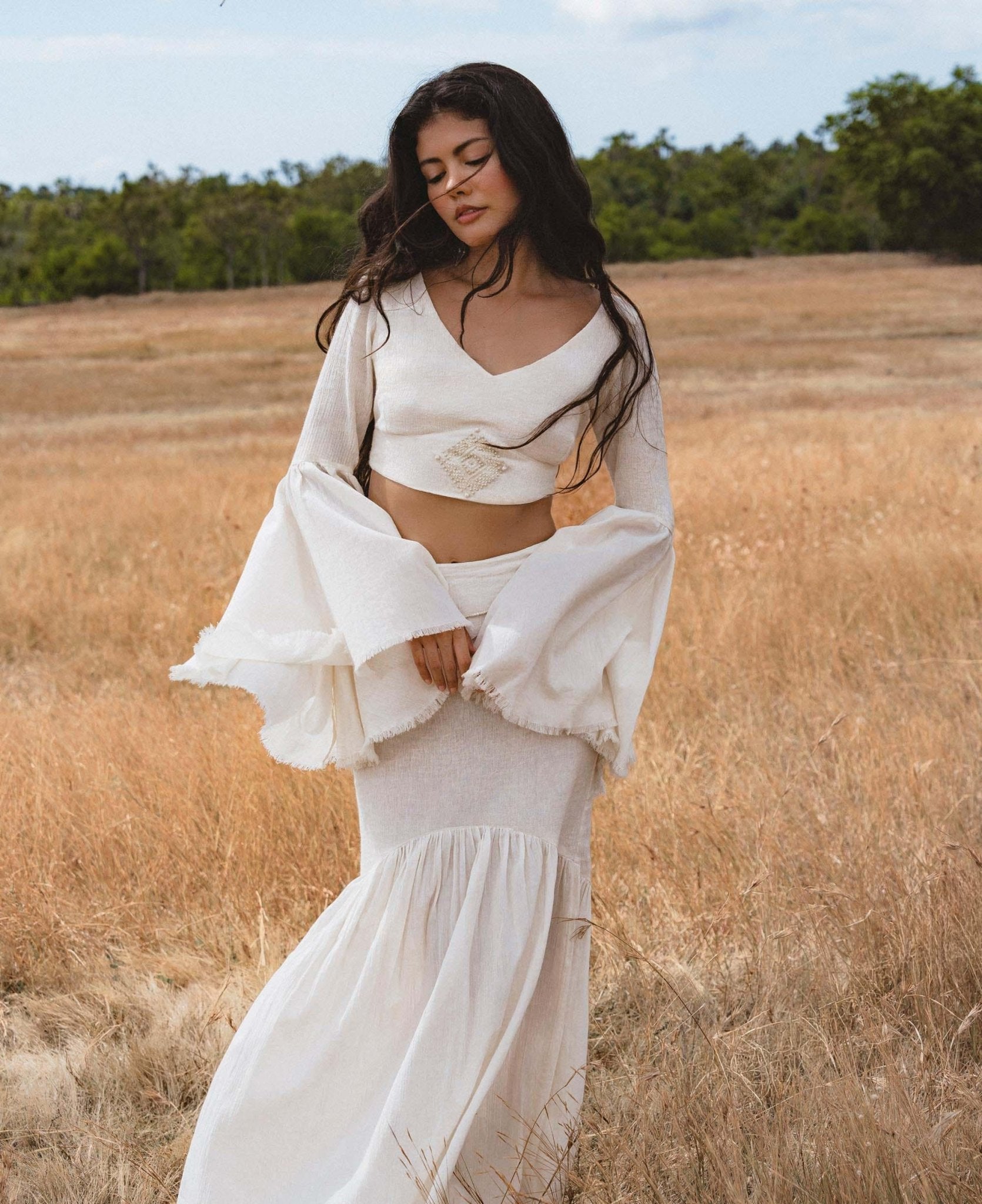 Off White Boho Linen Set, Embroidered Indian Top, Maxi Skirt, Handmade Summer Festival Outfit - AYA Sacred Wear