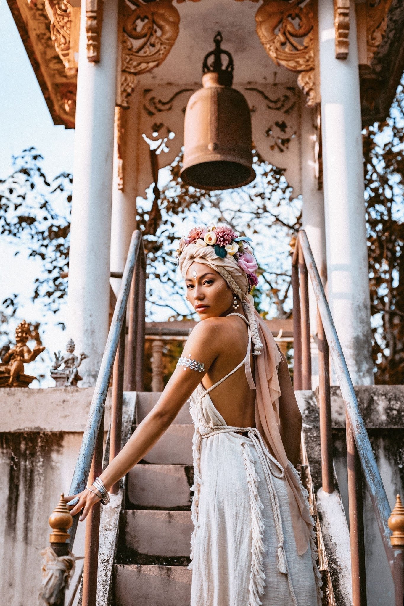 Off - White Boho Open Back Simple Wedding Dress with Hand Loomed Tassels - AYA Sacred Wear