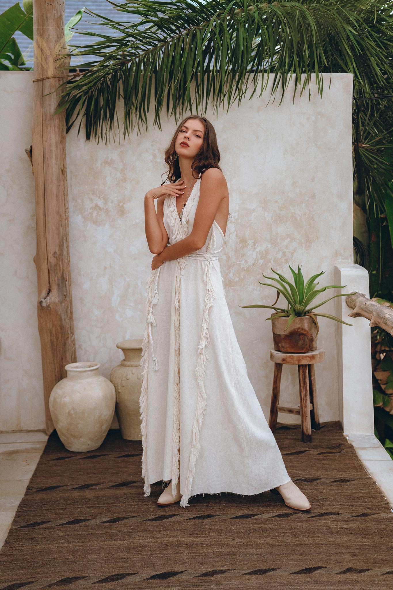 Off - White Boho Open Back Simple Wedding Dress with Hand Loomed Tassels - AYA Sacred Wear