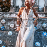 Off - White Boho Open Back Simple Wedding Dress with Hand Loomed Tassels - AYA Sacred Wear