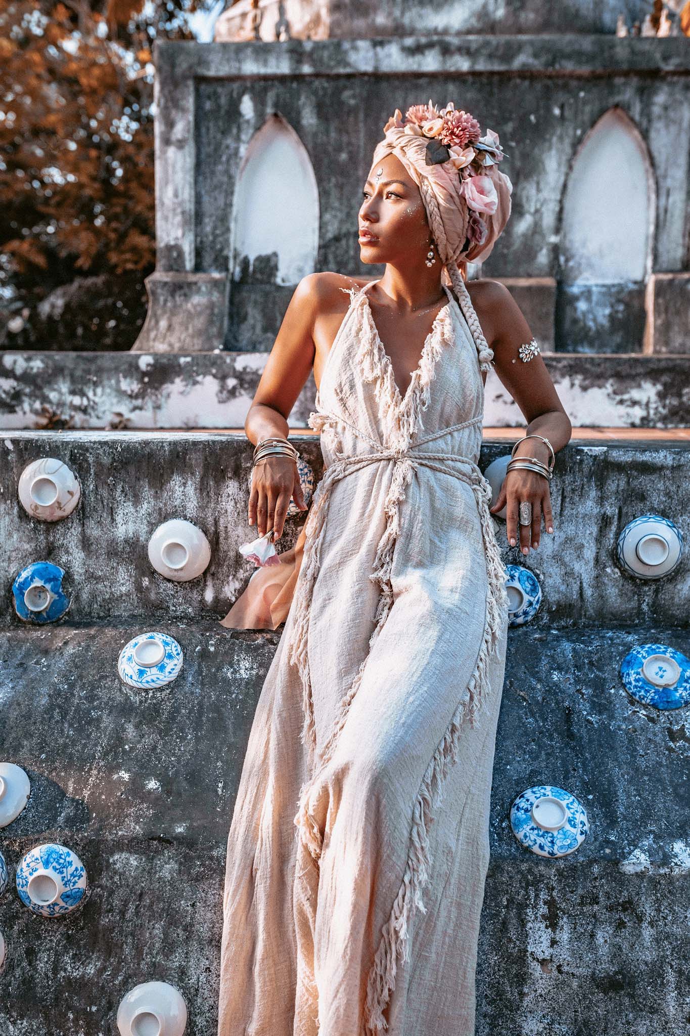 Off - White Boho Open Back Simple Wedding Dress with Hand Loomed Tassels - AYA Sacred Wear
