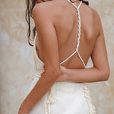 Off - White Boho Open Back Simple Wedding Dress with Hand Loomed Tassels - AYA Sacred Wear