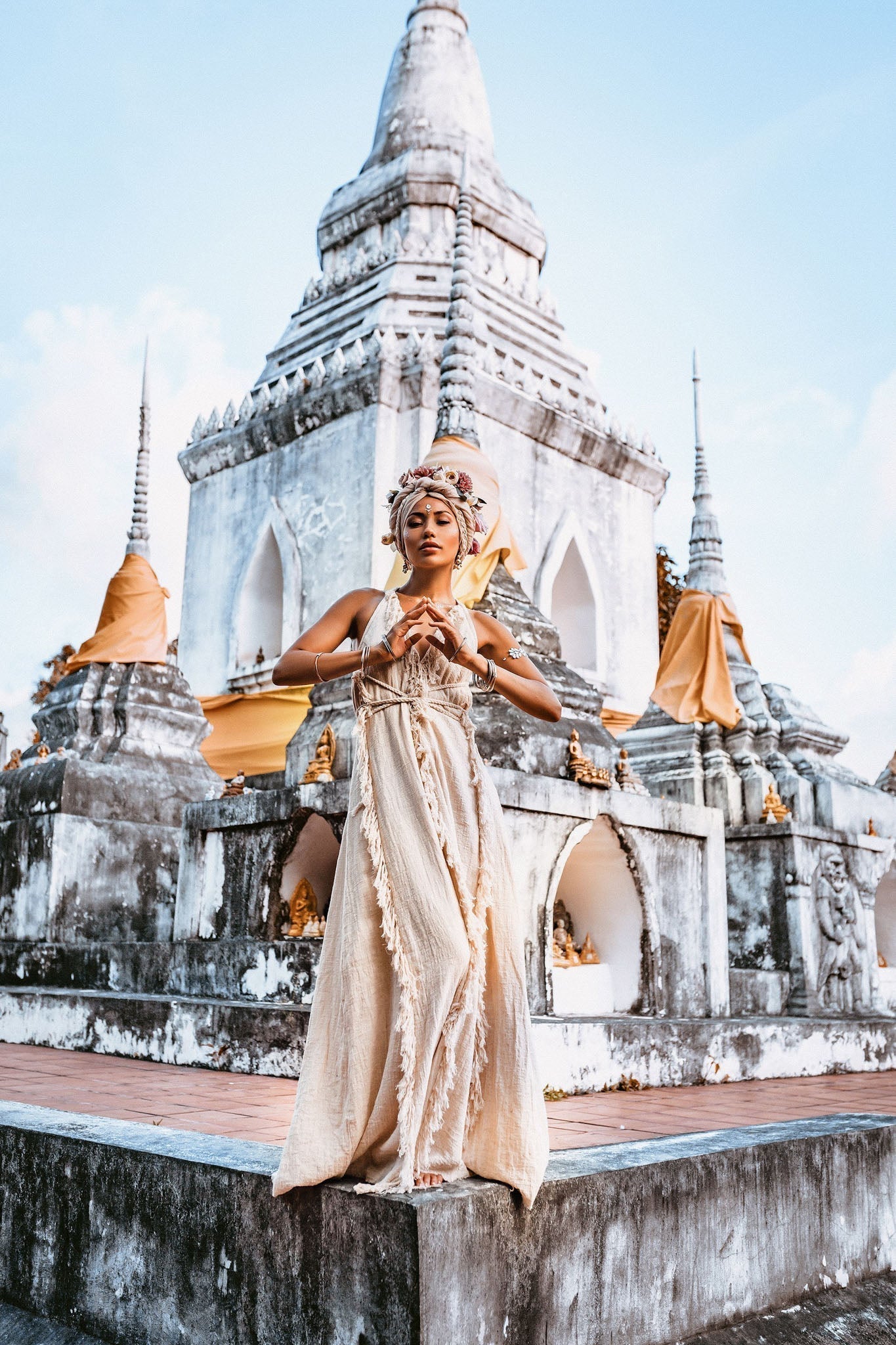 Off - White Boho Open Back Simple Wedding Dress with Hand Loomed Tassels - AYA Sacred Wear