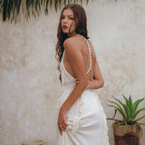 Off - White Boho Open Back Simple Wedding Dress with Hand Loomed Tassels - AYA Sacred Wear
