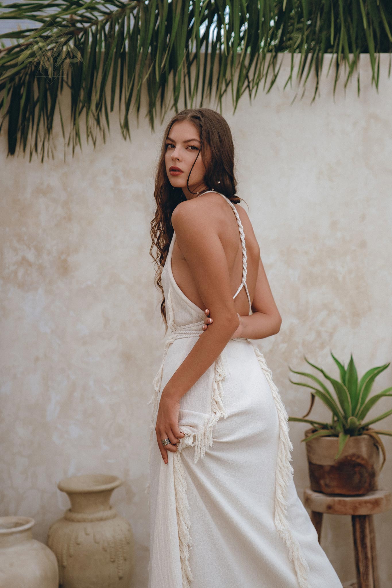 Off - White Boho Open Back Simple Wedding Dress with Hand Loomed Tassels - AYA Sacred Wear