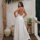 Off - White Boho Open Back Simple Wedding Dress with Hand Loomed Tassels - AYA Sacred Wear