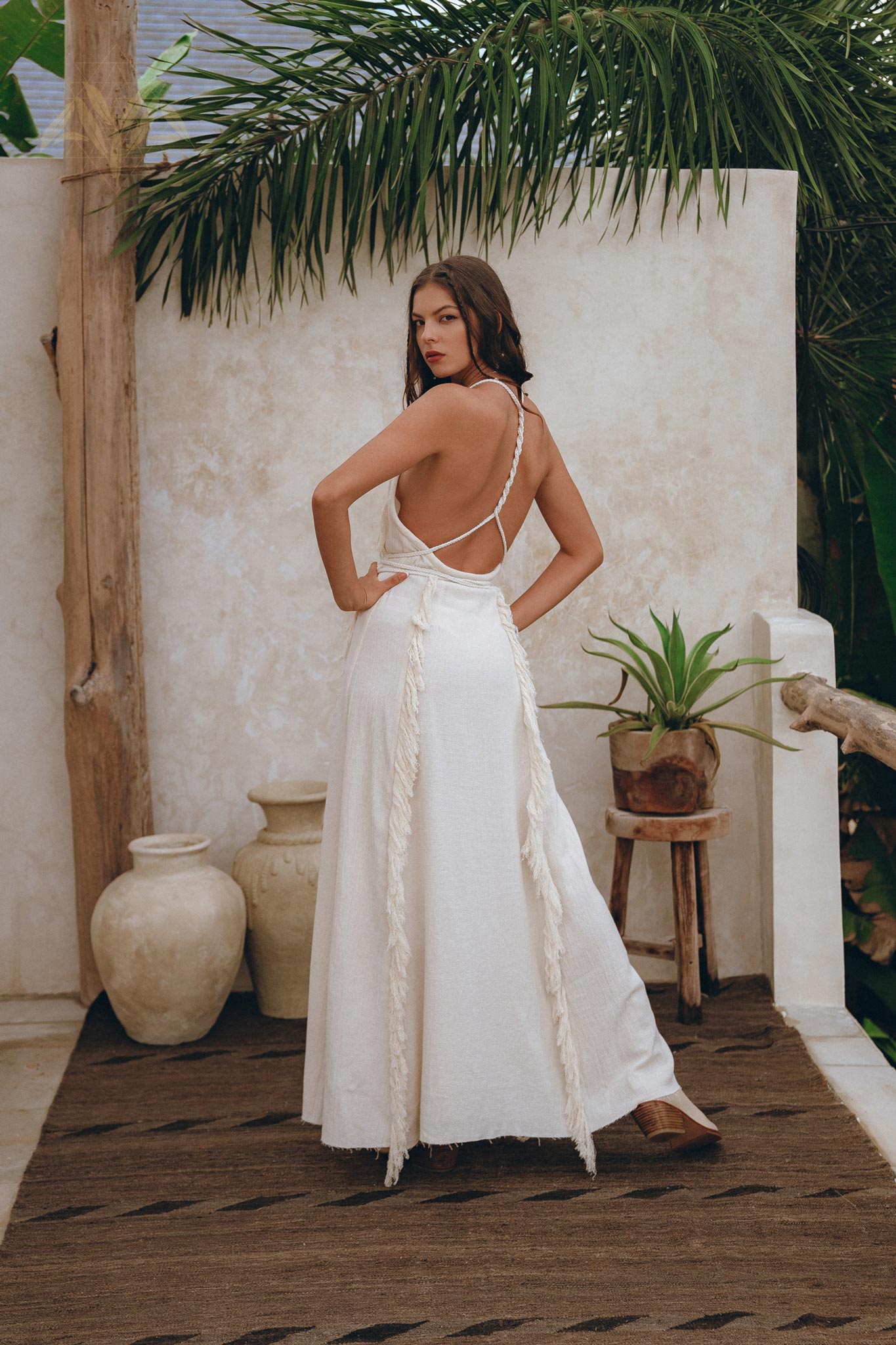 Off - White Boho Open Back Simple Wedding Dress with Hand Loomed Tassels - AYA Sacred Wear