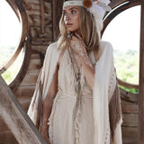 Off - White Boho Open Back Simple Wedding Dress with Hand Loomed Tassels - AYA Sacred Wear