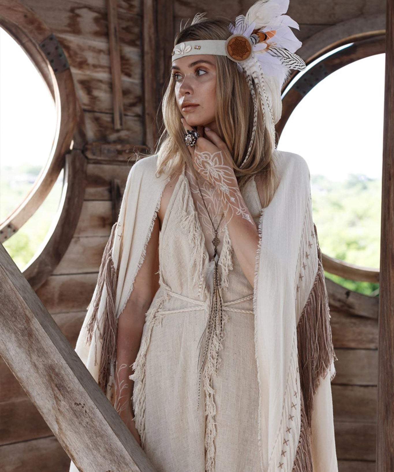 Off - White Boho Open Back Simple Wedding Dress with Hand Loomed Tassels - AYA Sacred Wear