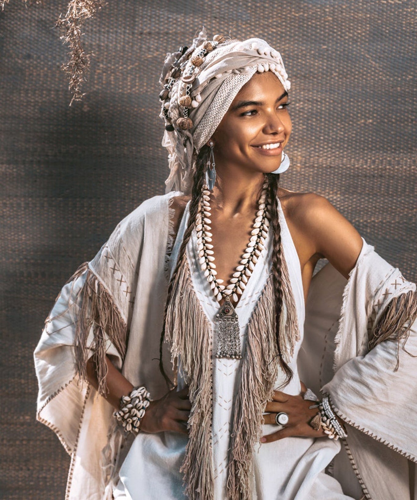 Off - White Boho Tribal Bohemian Dress Entirely Handmade - AYA Sacred Wear