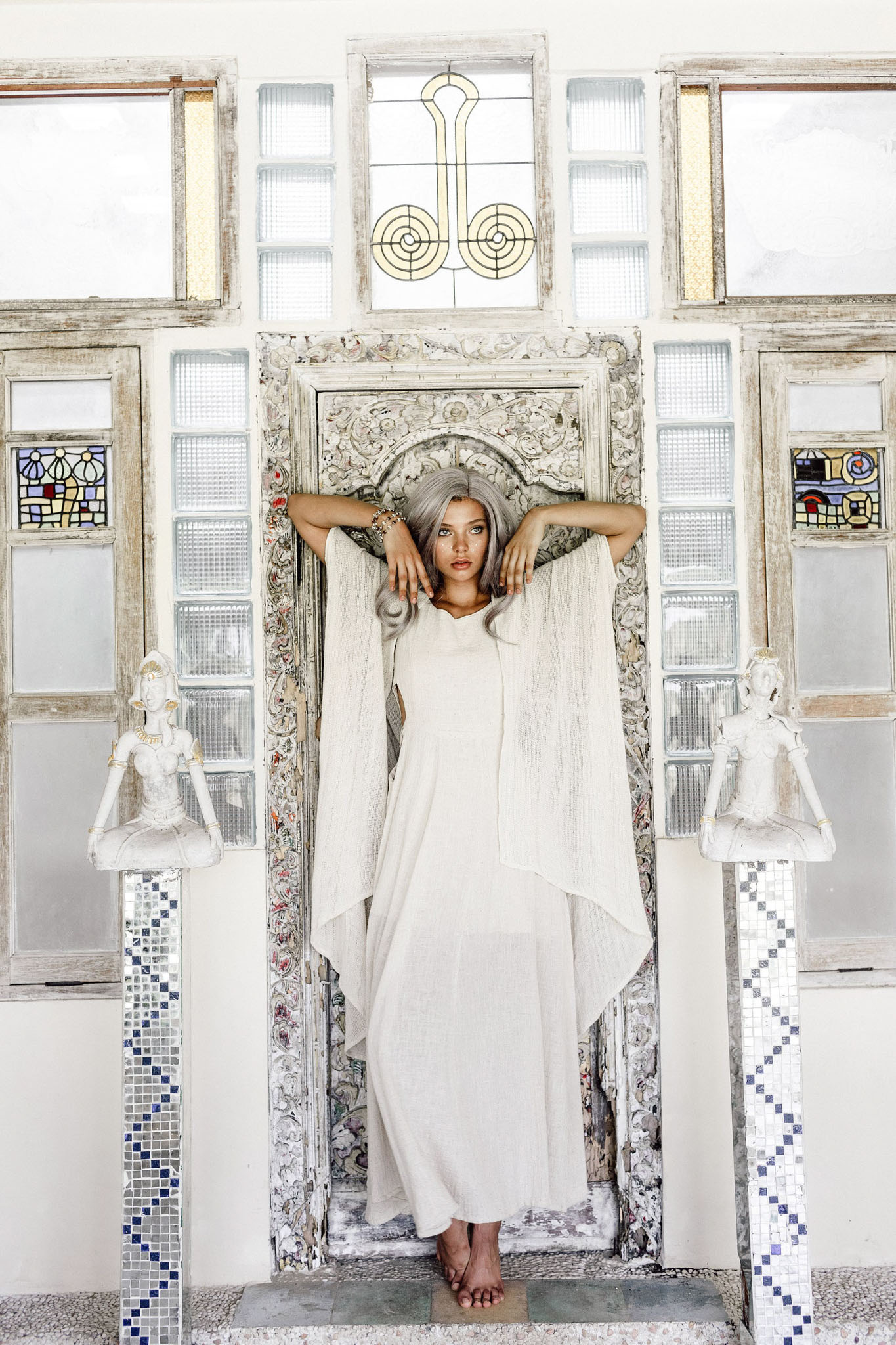 Off - White Cotton Boho Kimono Cover - up • Bridal Cape • Poncho Robe - AYA Sacred Wear