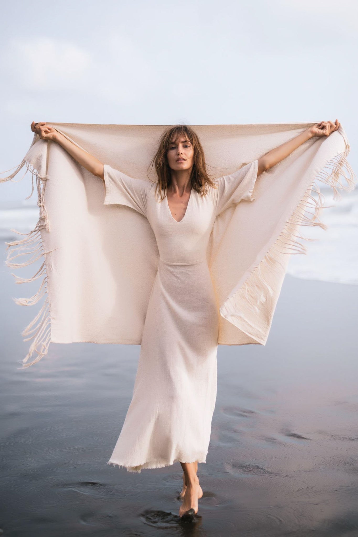 Off - White Cotton Long Boho Shawl - Scarf - AYA Sacred Wear