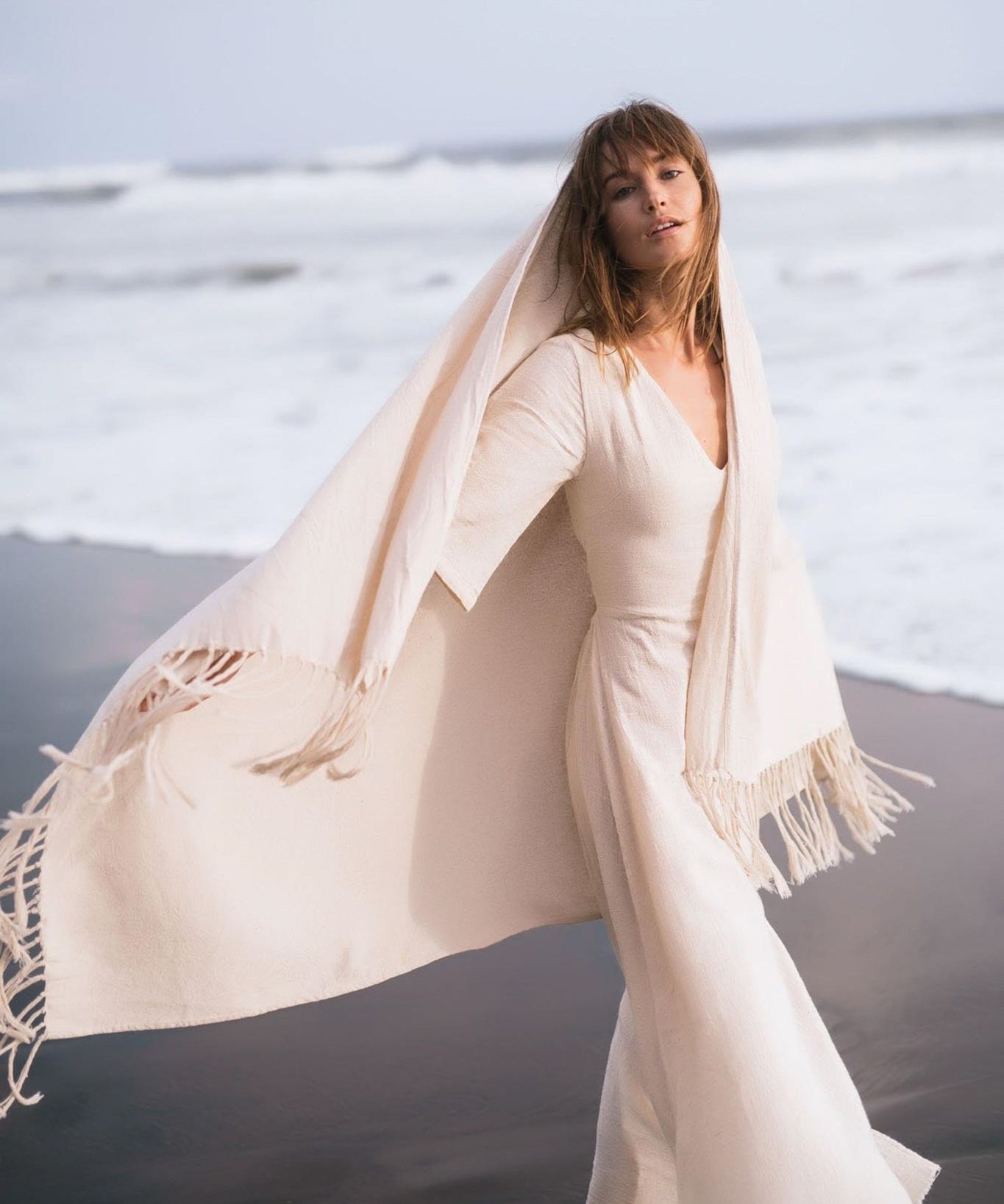 Off - White Cotton Long Boho Shawl - Scarf - AYA Sacred Wear