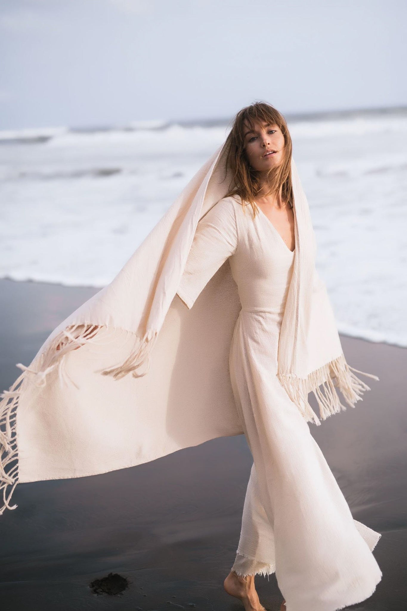 Off - White Cotton Long Boho Shawl - Scarf - AYA Sacred Wear