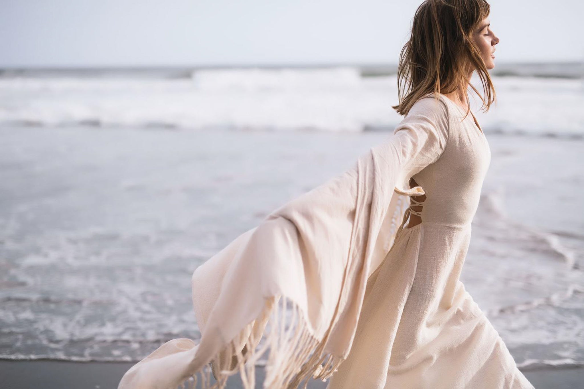 Off - White Cotton Long Boho Shawl - Scarf - AYA Sacred Wear