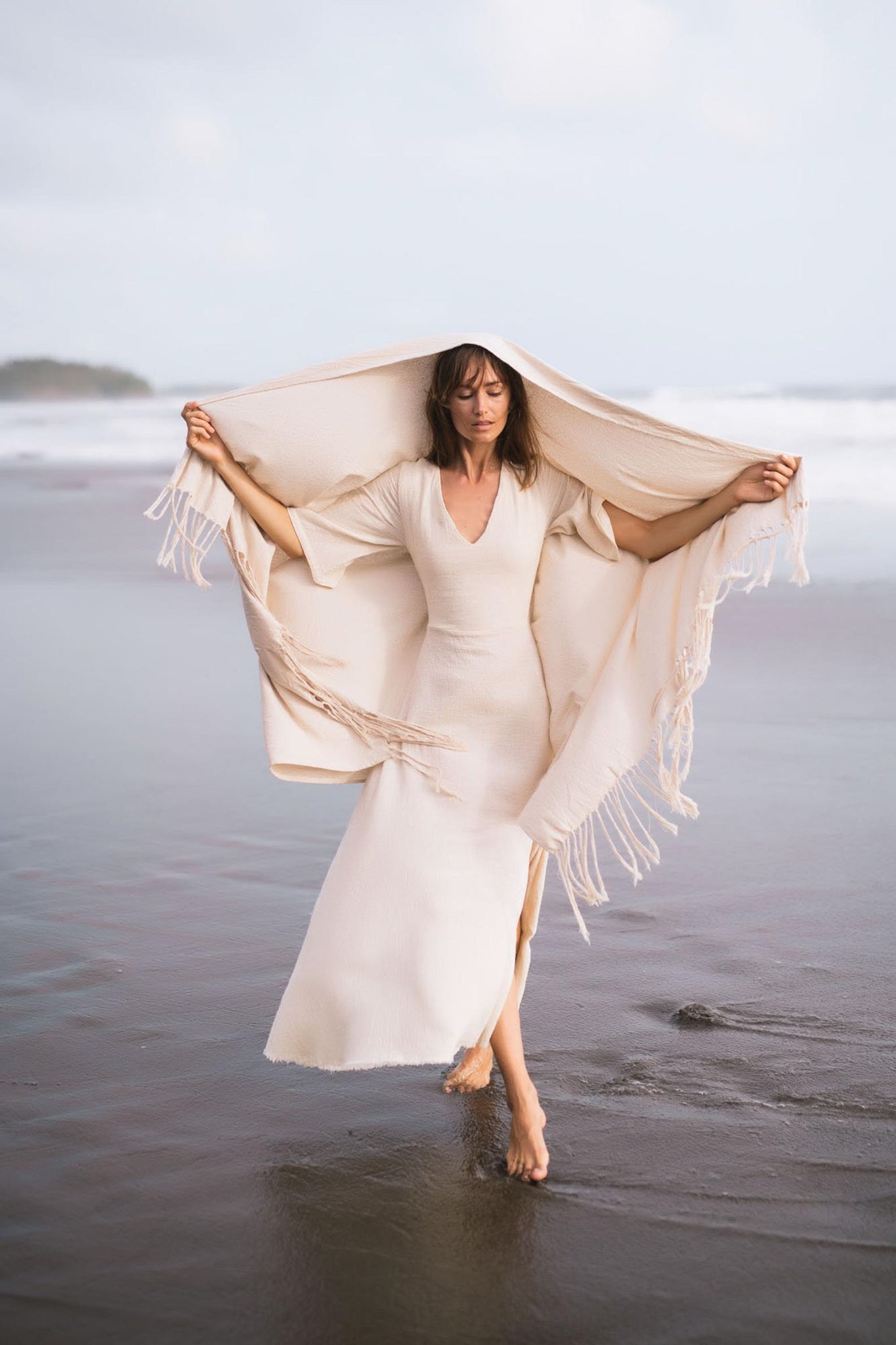 Off - White Cotton Long Boho Shawl - Scarf - AYA Sacred Wear