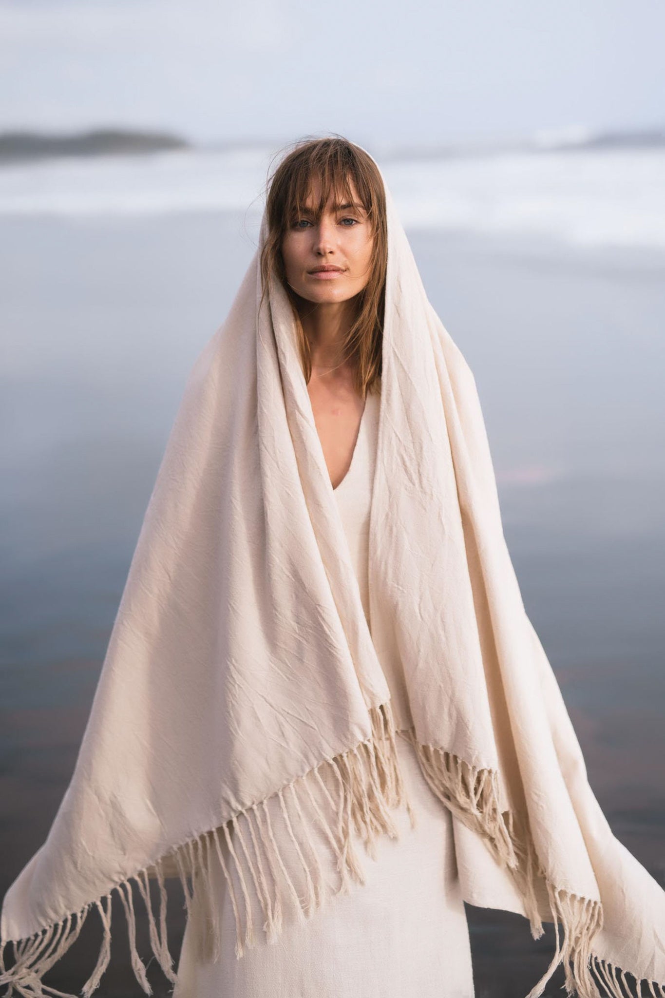 Off - White Cotton Long Boho Shawl - Scarf - AYA Sacred Wear