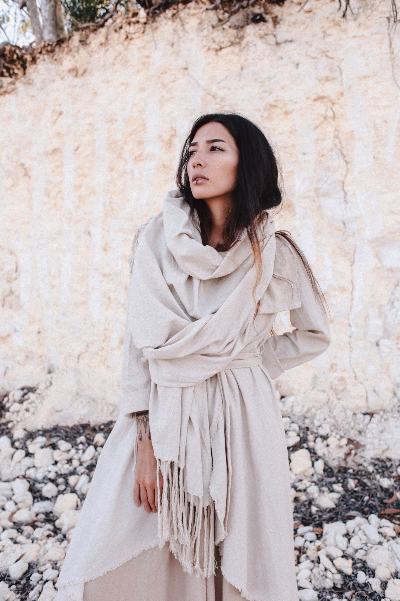Off - White Cotton Long Boho Shawl - Scarf - AYA Sacred Wear