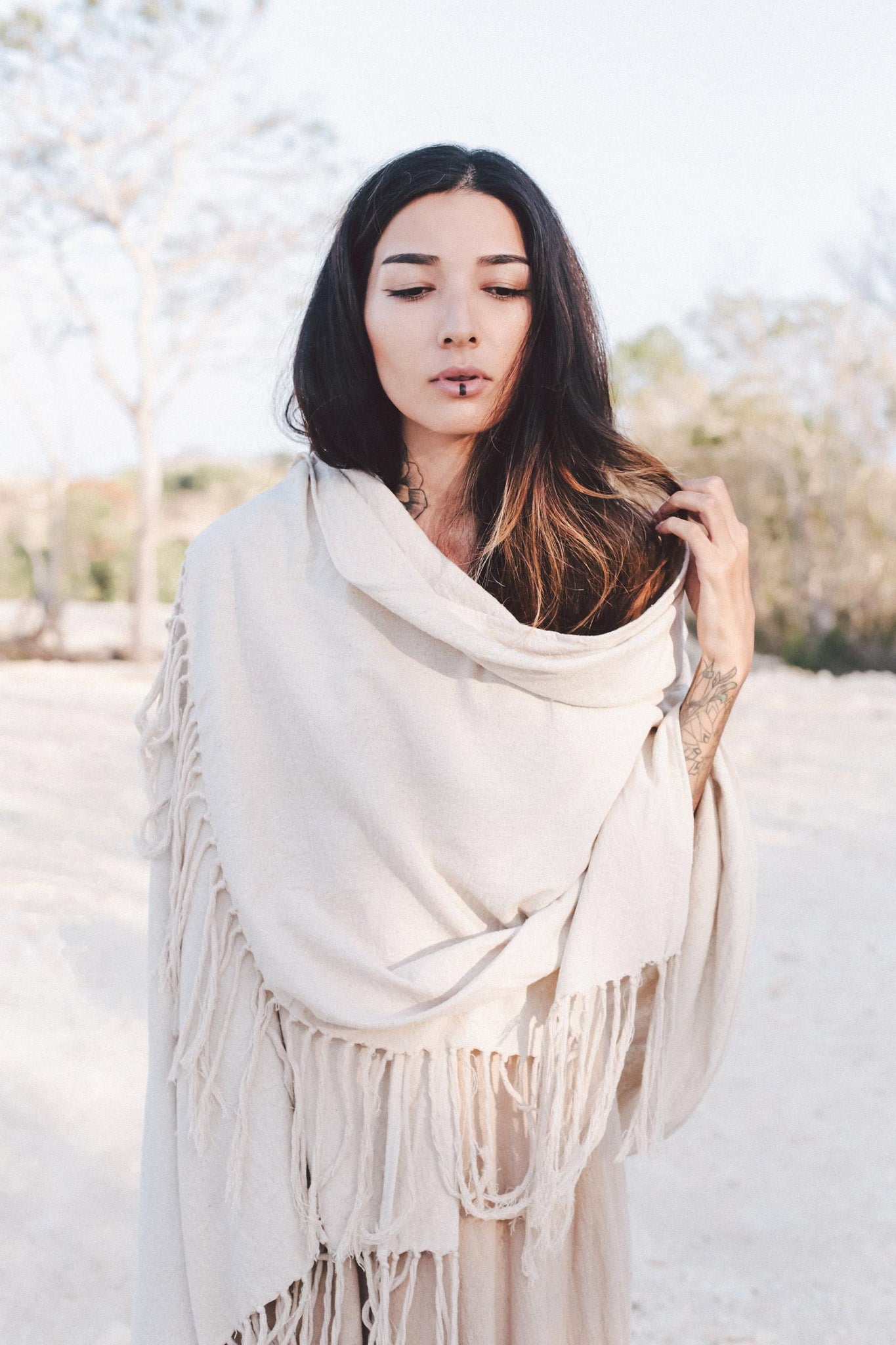 Off - White Cotton Long Boho Shawl - Scarf - AYA Sacred Wear