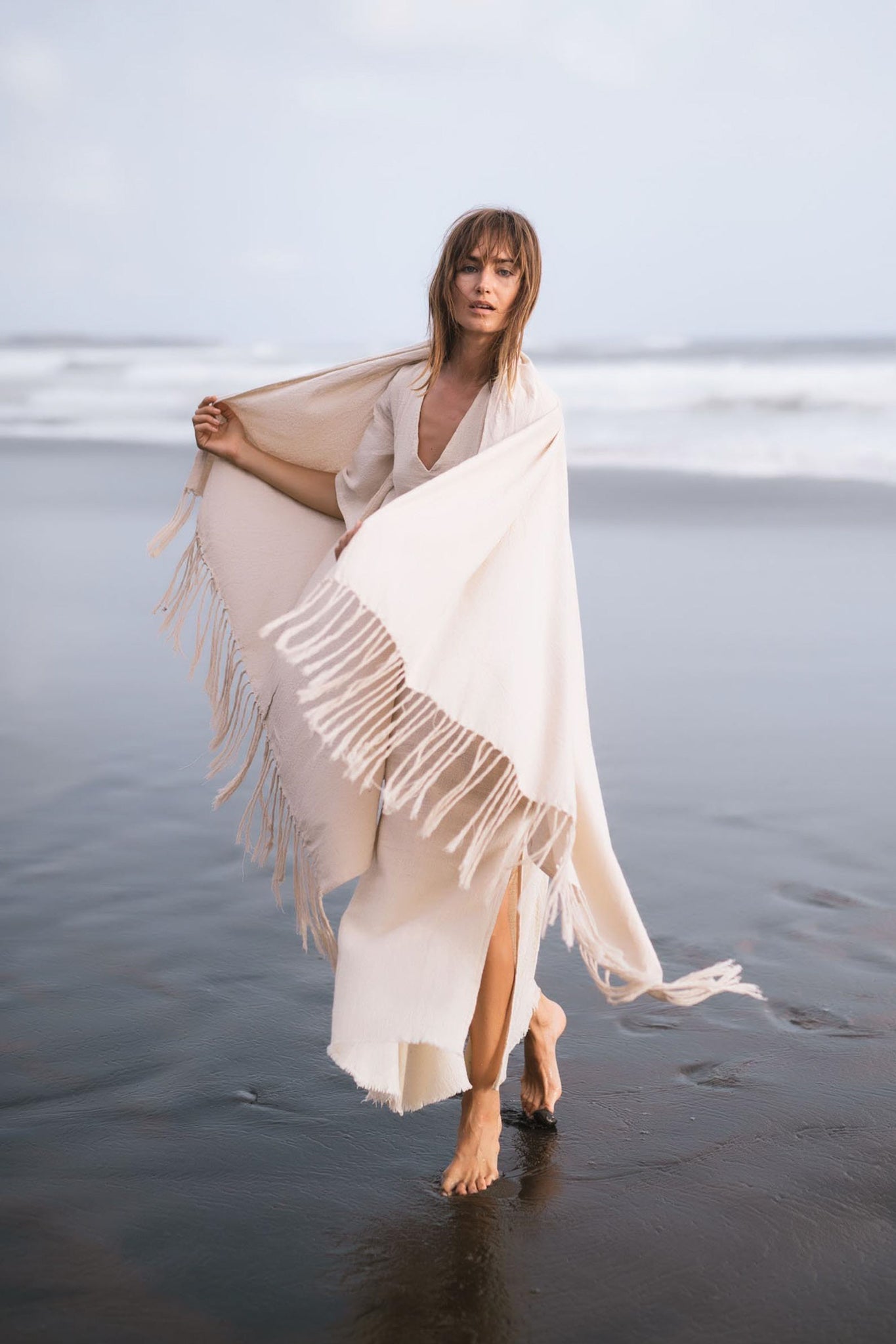 Off - White Cotton Long Boho Shawl - Scarf - AYA Sacred Wear