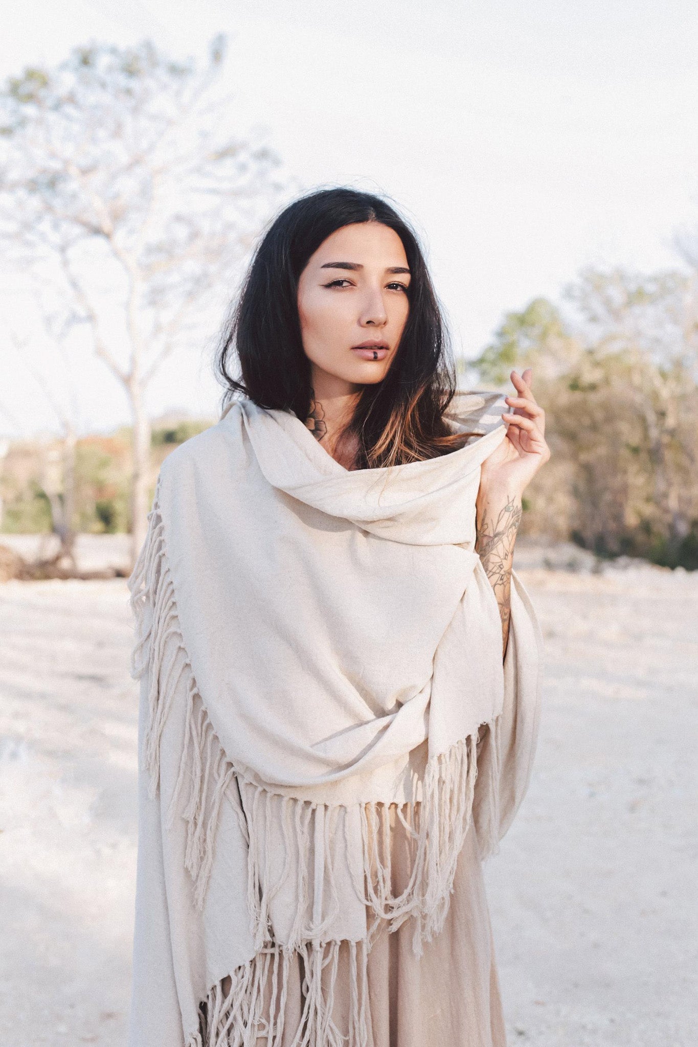 Off - White Cotton Long Boho Shawl - Scarf - AYA Sacred Wear