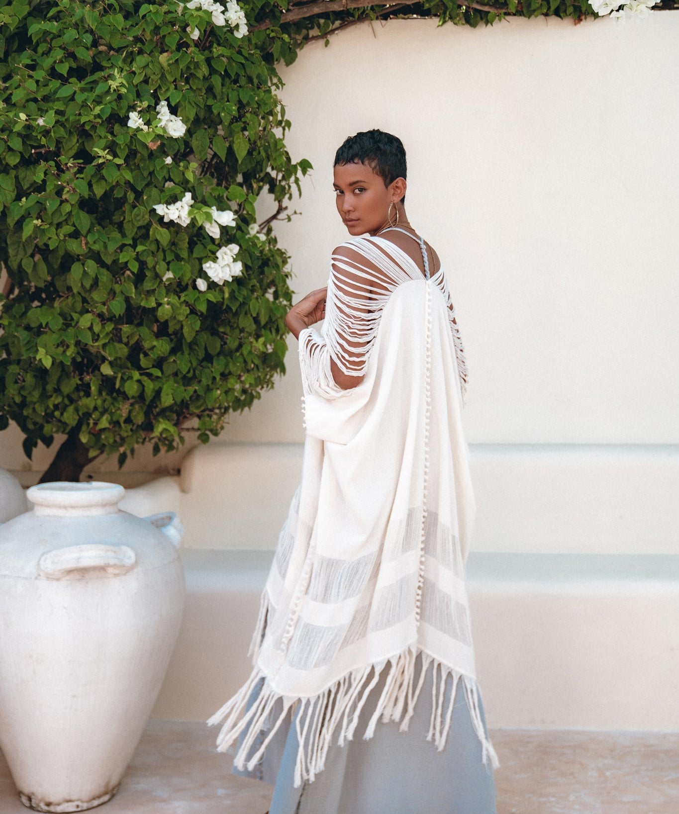 Off - White Cotton Poncho Cape • Organic Tribal Kimono Cover Up - AYA Sacred Wear