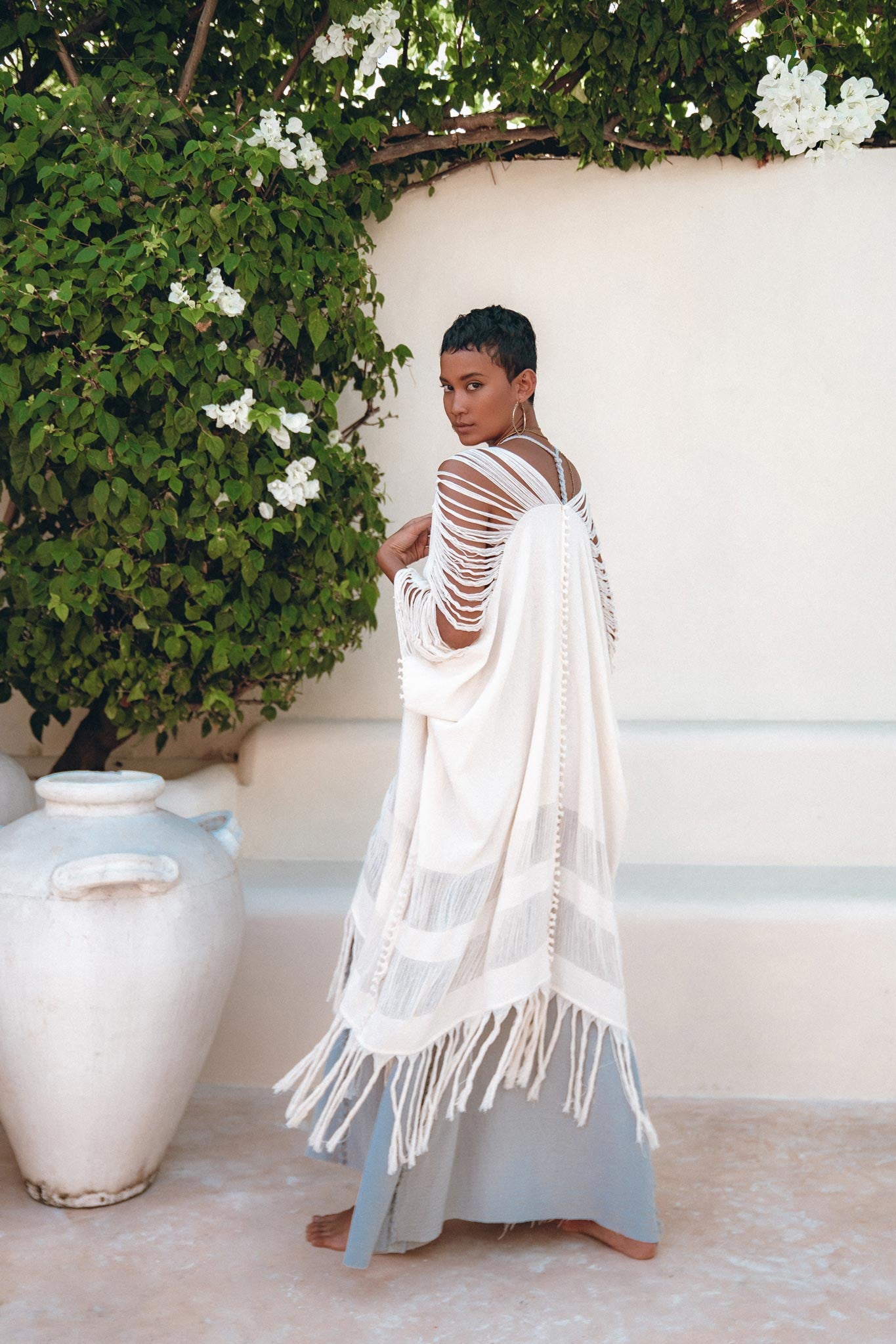 Off - White Cotton Poncho Cape • Organic Tribal Kimono Cover Up - AYA Sacred Wear