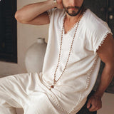Off - White Handmade Knots Decorated T-Shirt for Men - AYA Sacred Wear