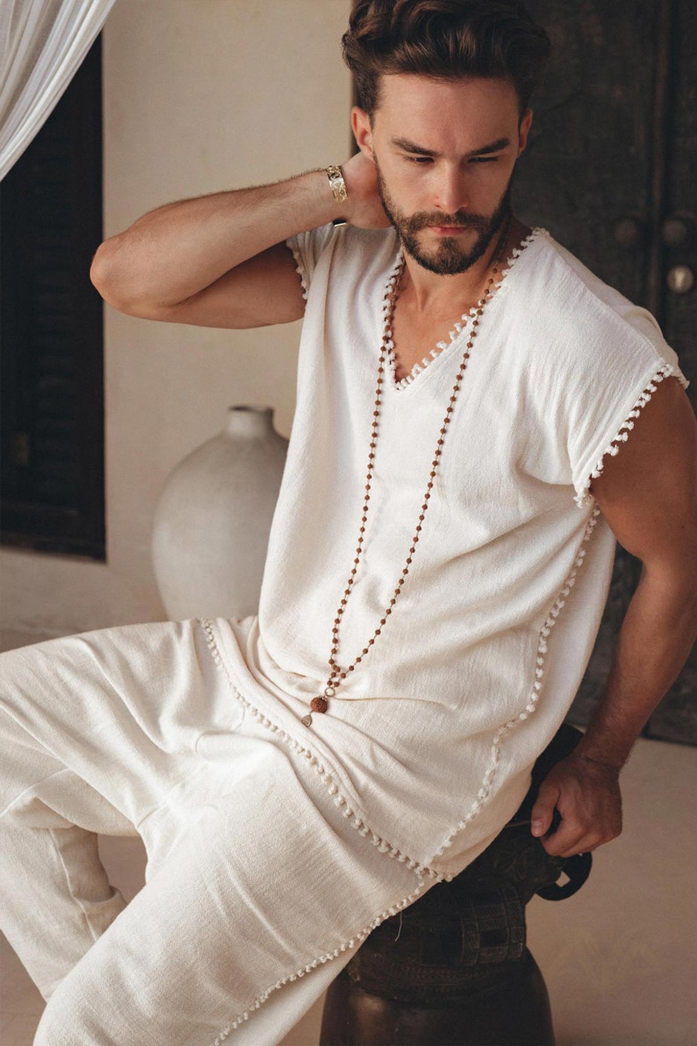 Off - White Handmade Knots Decorated T-Shirt for Men - AYA Sacred Wear
