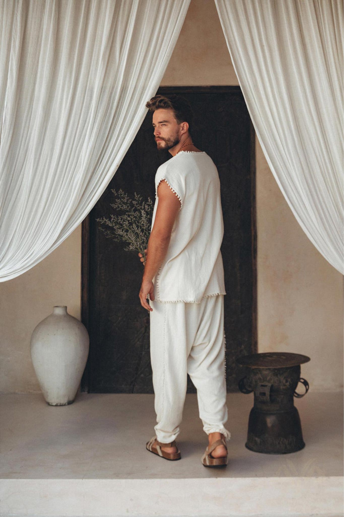 Off - White Handmade Knots Decorated T-Shirt for Men - AYA Sacred Wear